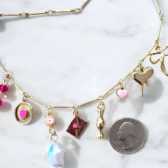 Pink bows and love charms charm necklace. Gold toned delicate chain 15.5”-17.5” - Picture 16 of 16